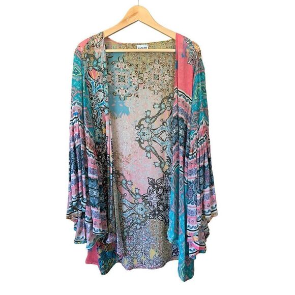 SAACHI Ruffle Printed Open Kimono Blue, Pink One Size - Picture 4 of 12